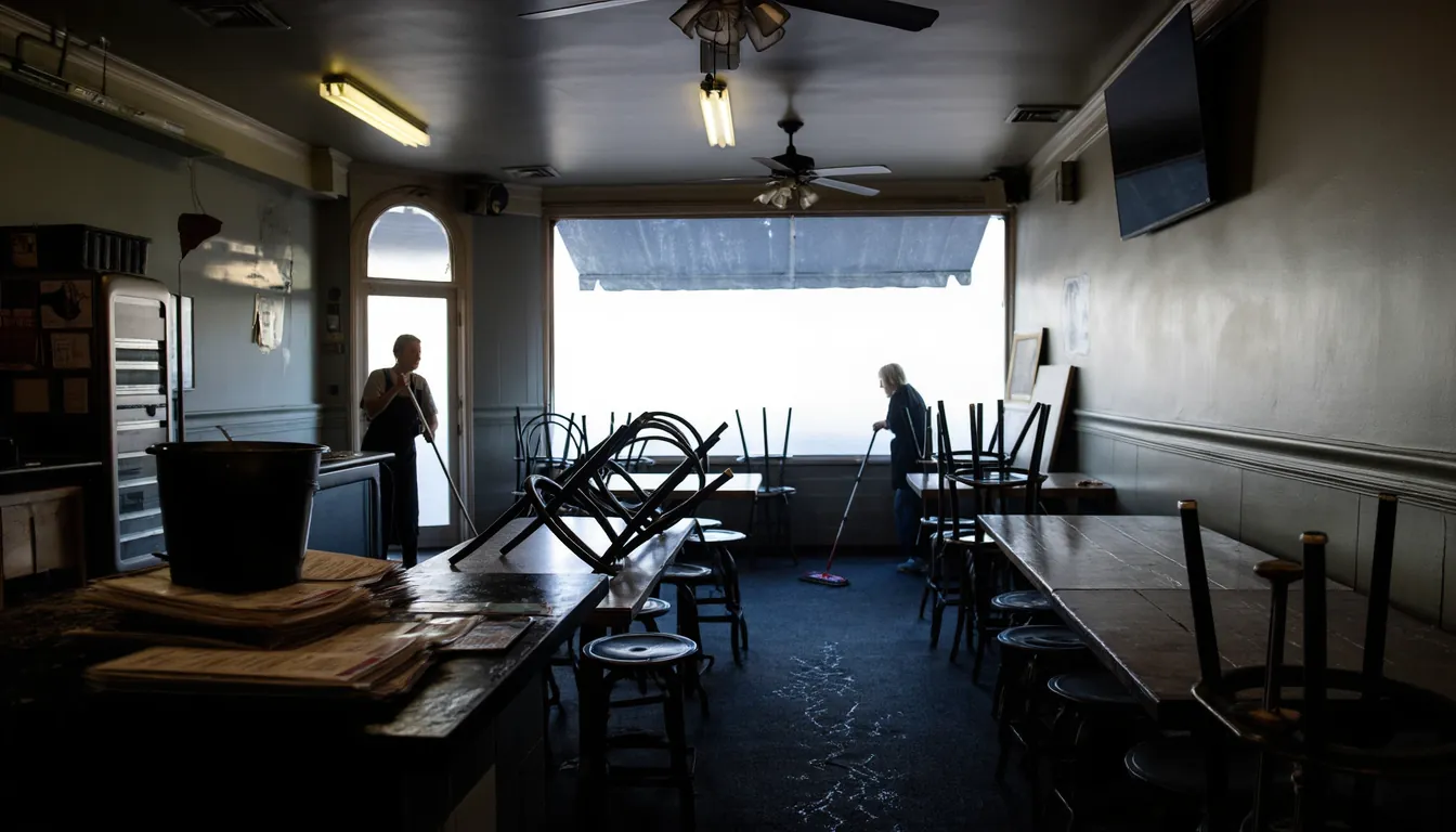 A pub bistro first thing in the morning with nobody in it, the chairs still stacked on the tables and a cleaner working at the far end, and no music on yet.