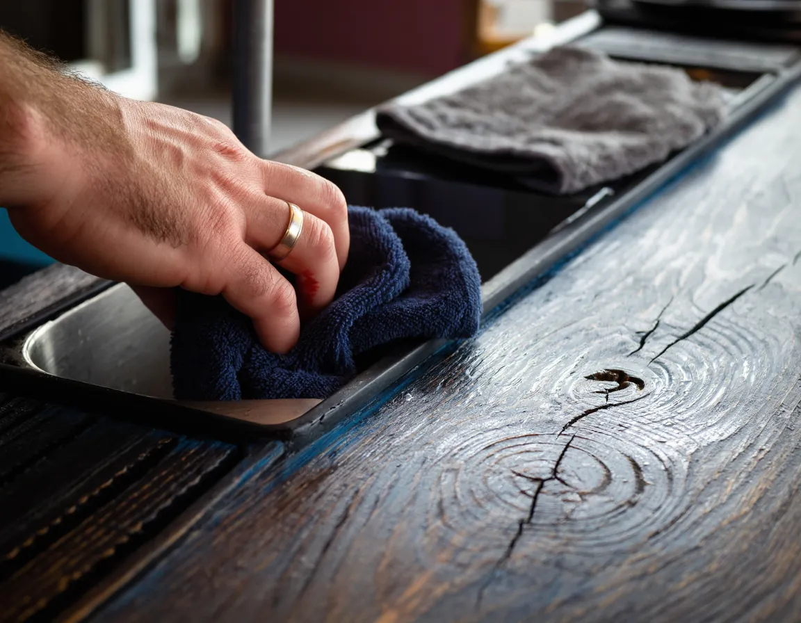 A bartender's hands wringing out a bar towel over a stainless sink and wiping down the counter.