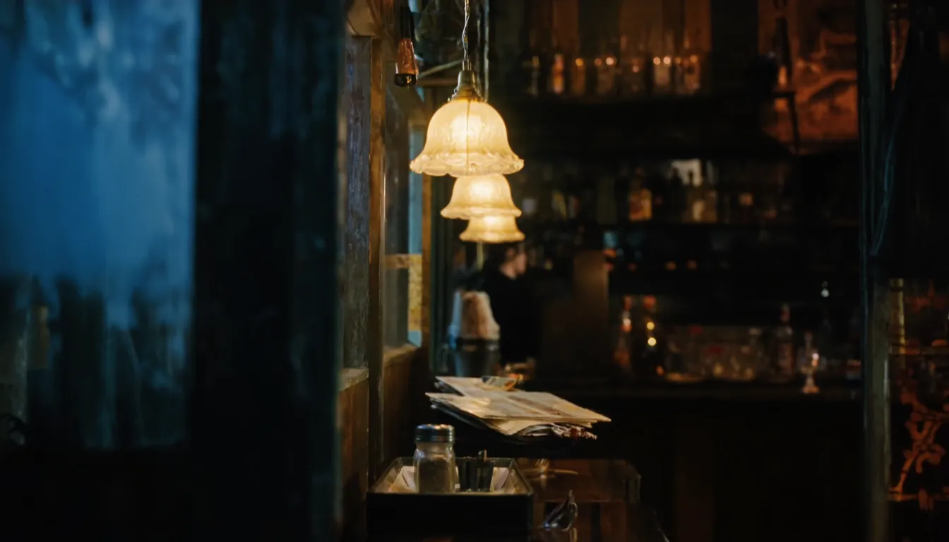 A row of warm brass pendants dimmed low over an empty timber bistro bench.
