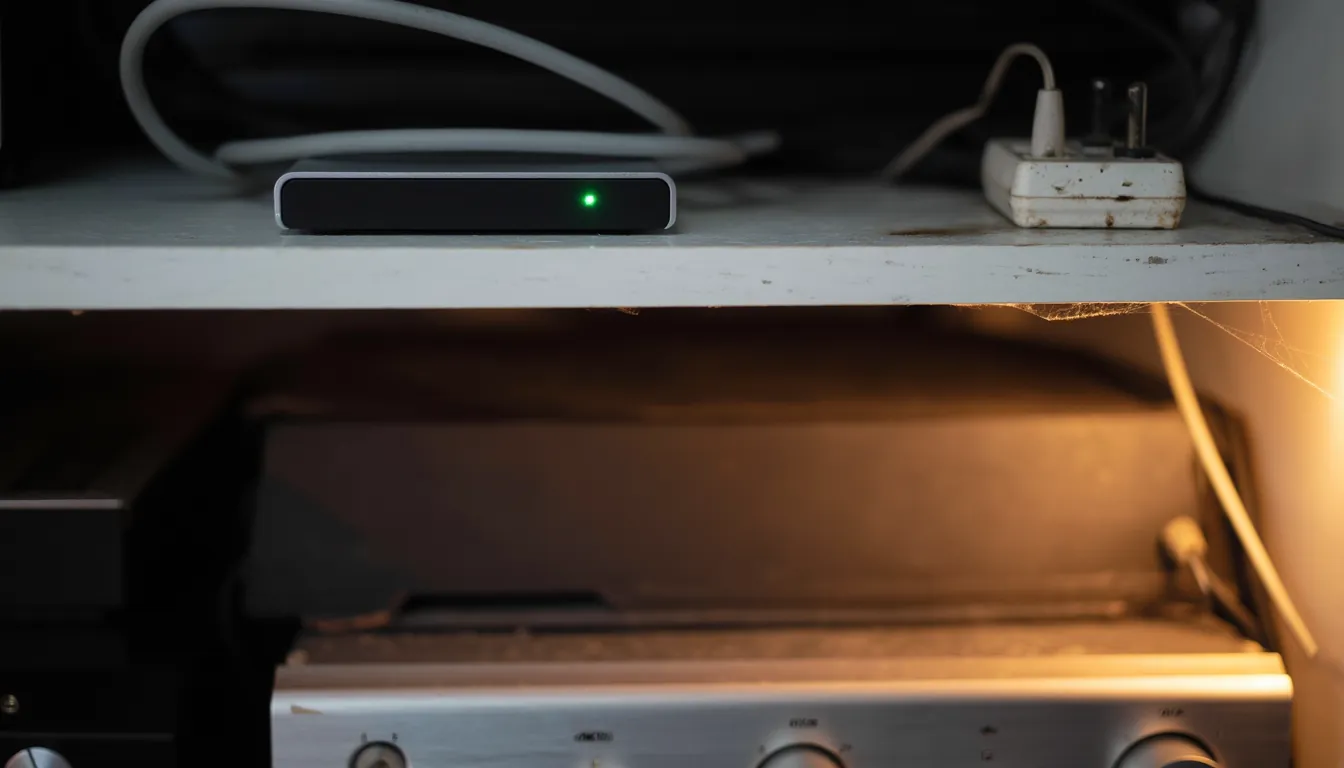 A small matte-black player box the size of a paperback on a shelf in a venue's AV cupboard, one green light on, an amplifier below it.