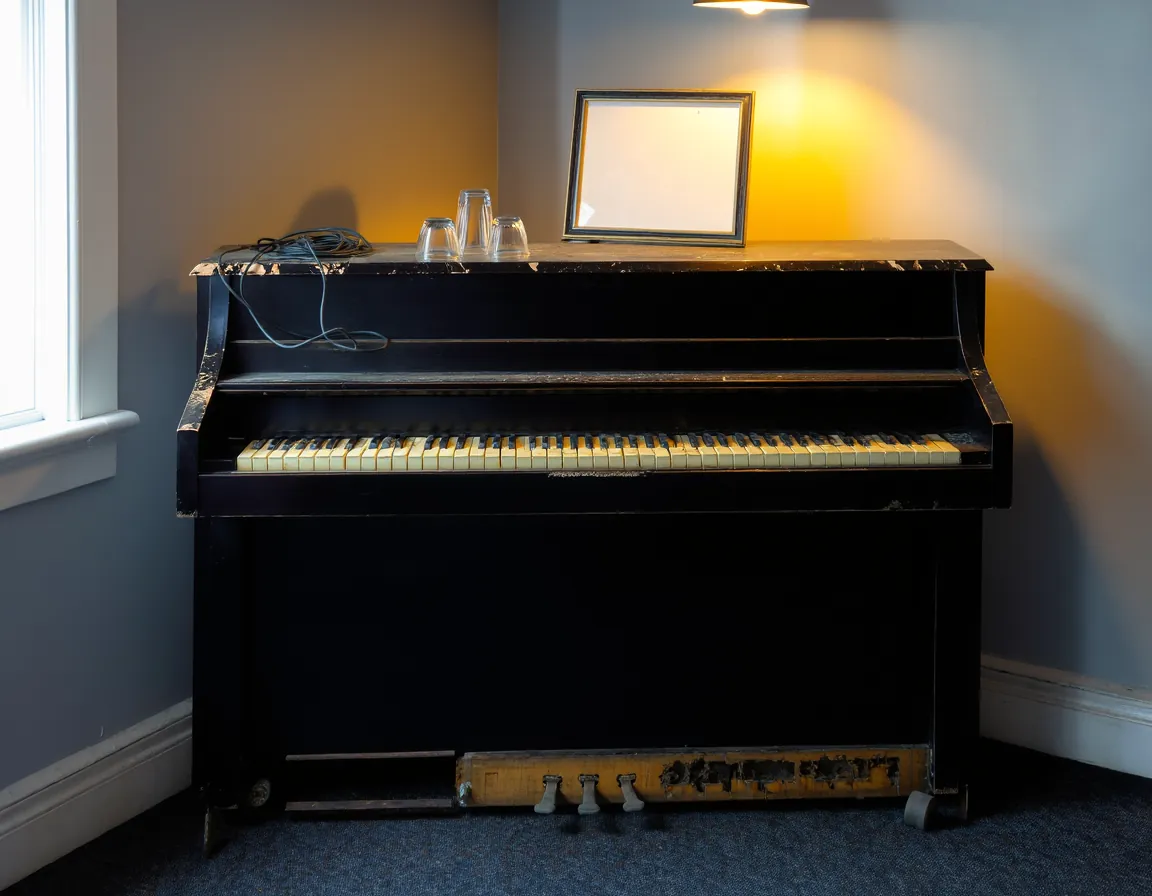 A battered upright piano pushed into the corner of a pub lounge, the lid closed and used as a shelf.