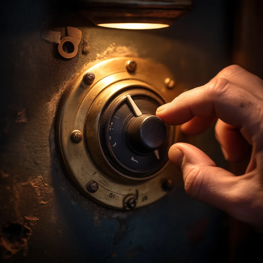 An old brass rotary volume control set into the wall beside a doorway in a pub, the plate scratched and dulled by decades of hands.