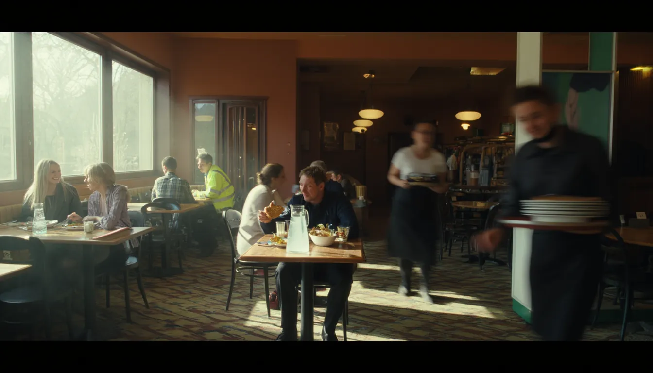 A pub bistro at half past two on a weekday, tables full, staff carrying plates through the room.