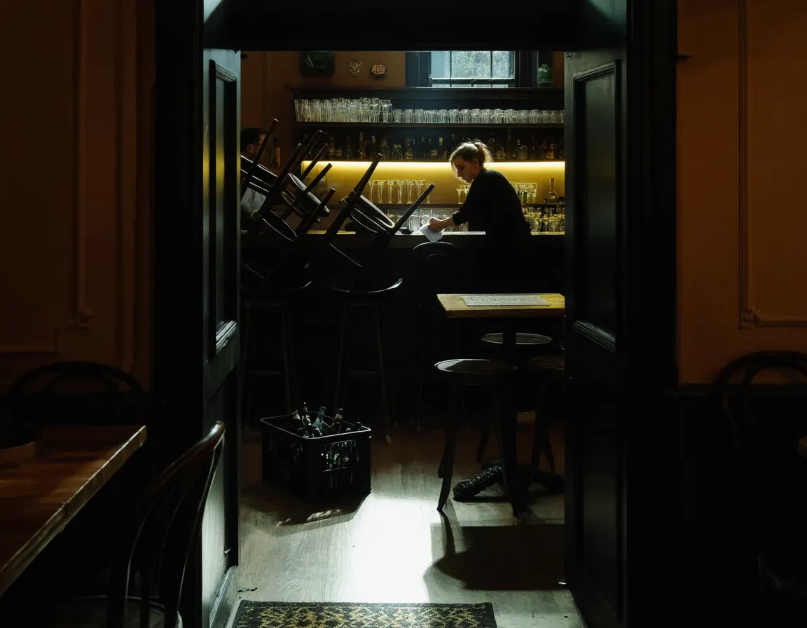 A pub front bar at closing time with most of the lights off and chairs going up onto the tables, the last channel of the night still on low.