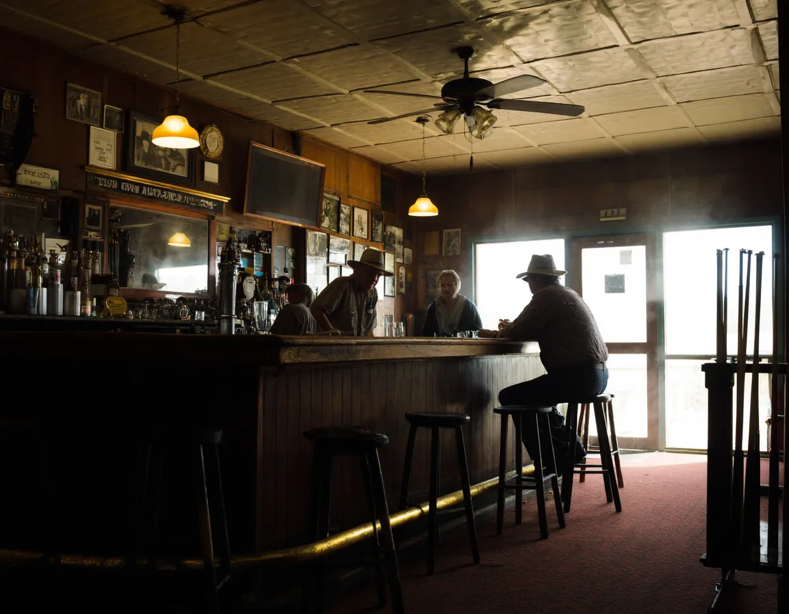 The front bar of an old country pub, a few regulars along the counter under a pressed metal ceiling.