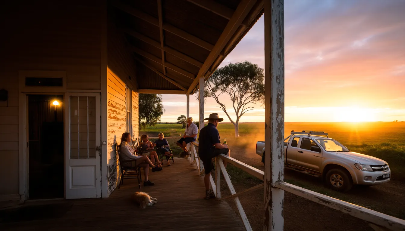 The verandah of a two-storey country pub at sunset, four or five people sitting out on old chairs along the rail.