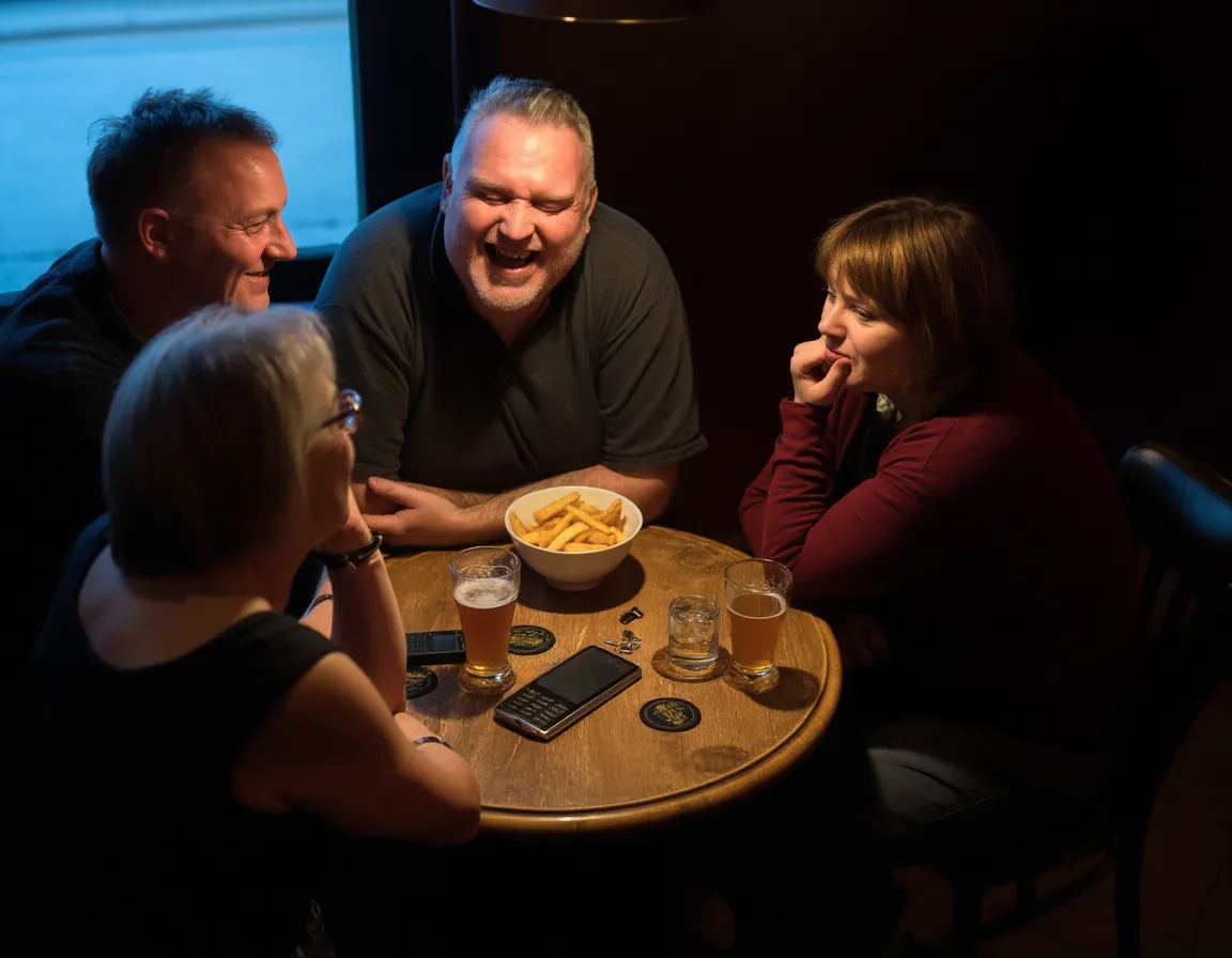 Four adults around a small round pub table mid-conversation, glasses and a bowl of chips between them.