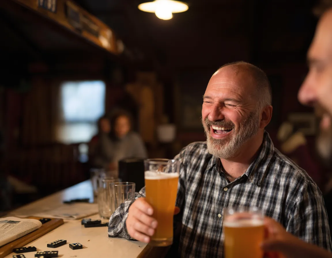 A man in his fifties at a pub bar caught mid-laugh, eyes creased shut, his glass half raised.