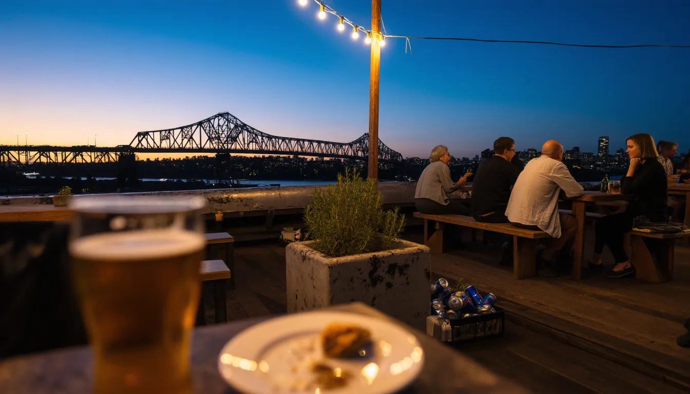A pub roof terrace at dusk over the harbour, the bridge dark against the last of the light, string bulbs overhead and people along the benches with a drink in front of them.