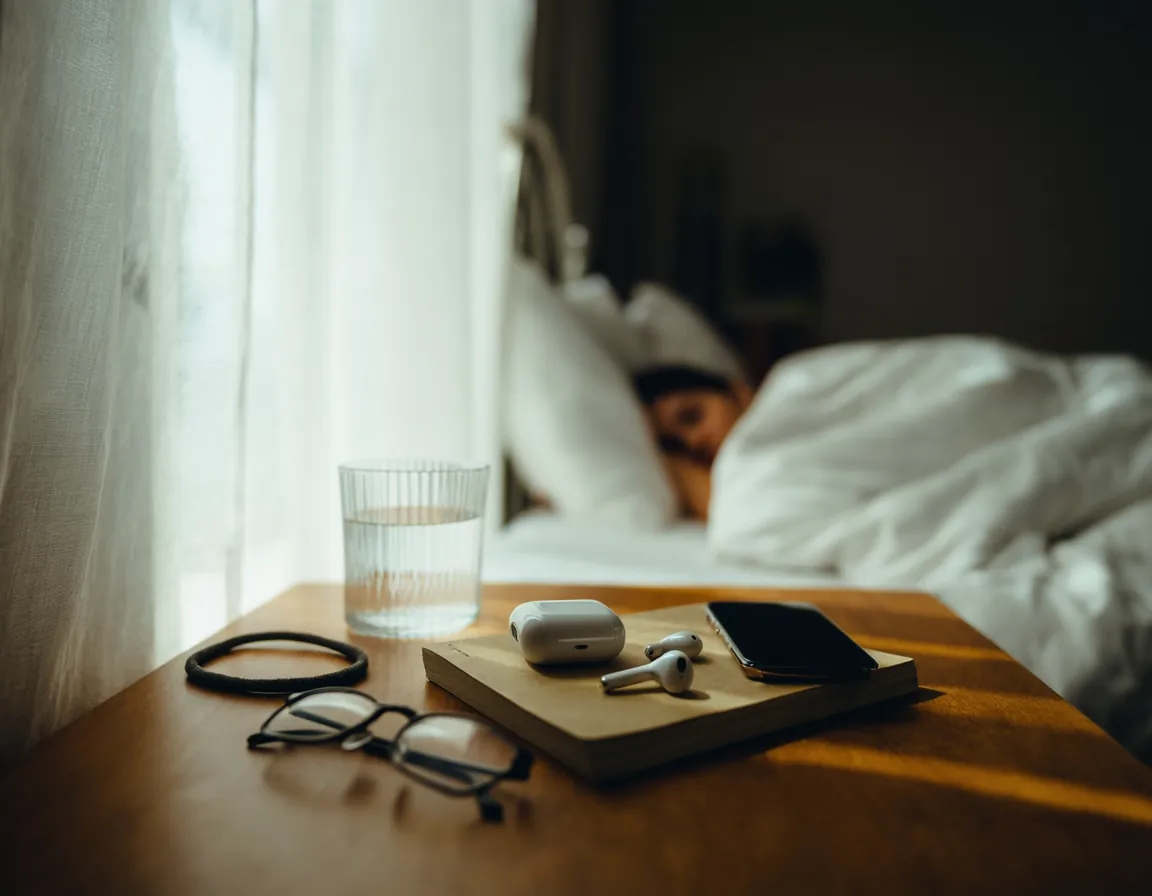 A phone face down on a bedside table beside earbuds and a glass of water at first light.
