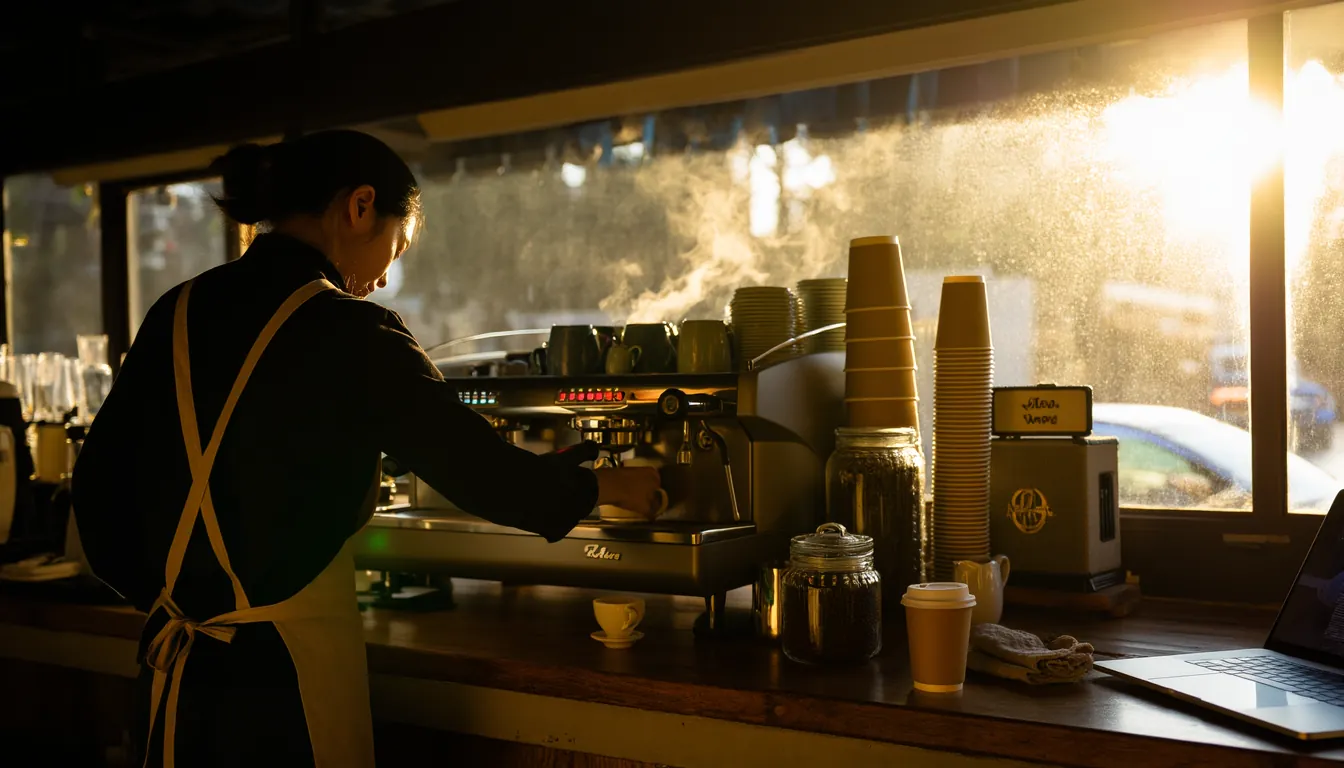 A cafe counter at seven in the morning, a shelf speaker between the jars, sunlight through the window.