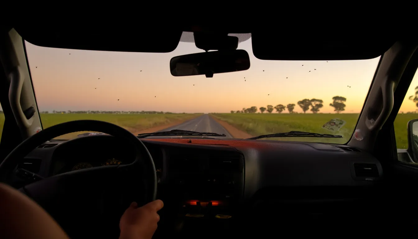 The dashboard of a ute at dusk on a country road, flat paddocks and a line of gum trees under an orange sky.