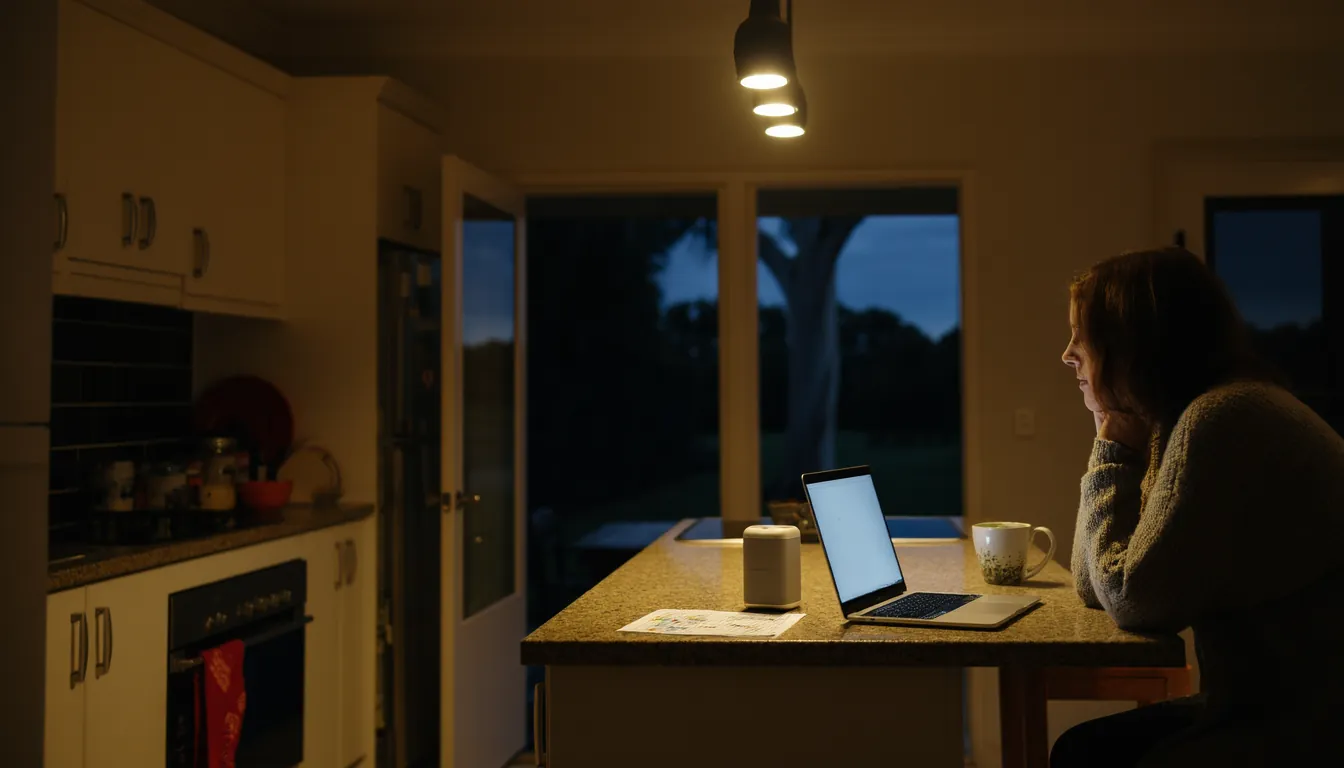 A laptop open on a kitchen bench late at night, a small speaker beside it, a woman listening from the doorway with a cup of tea.